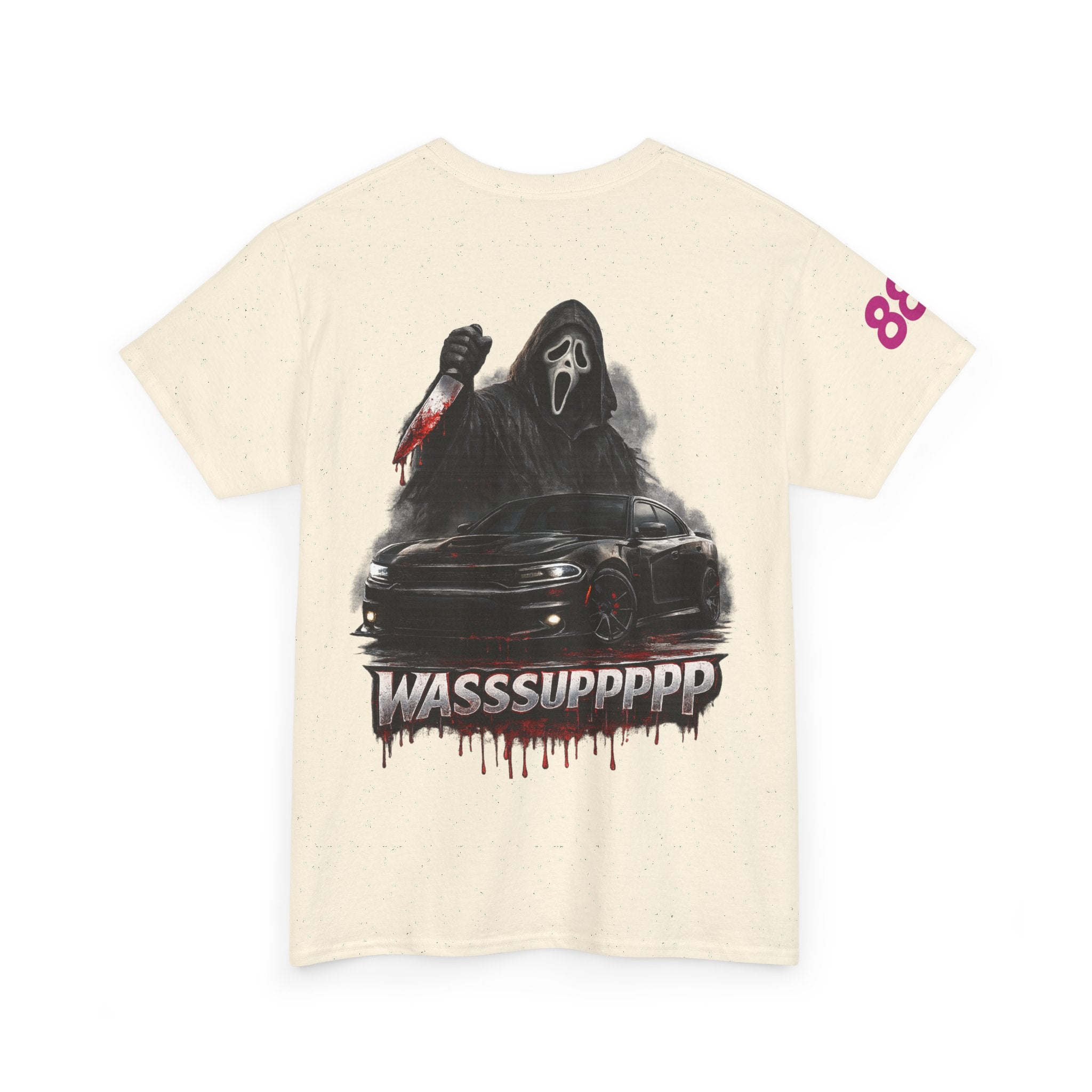 Graphic Tee — 'Wasssuppppp' Scream Mask Horror Car Design