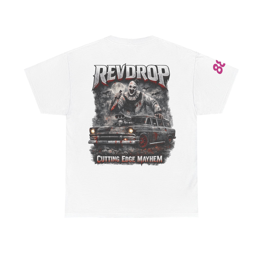 RevDrop “Cutting Edge Mayhem” Graphic Tee – Horror Clown & Muscle Car Streetwear T-Shirt