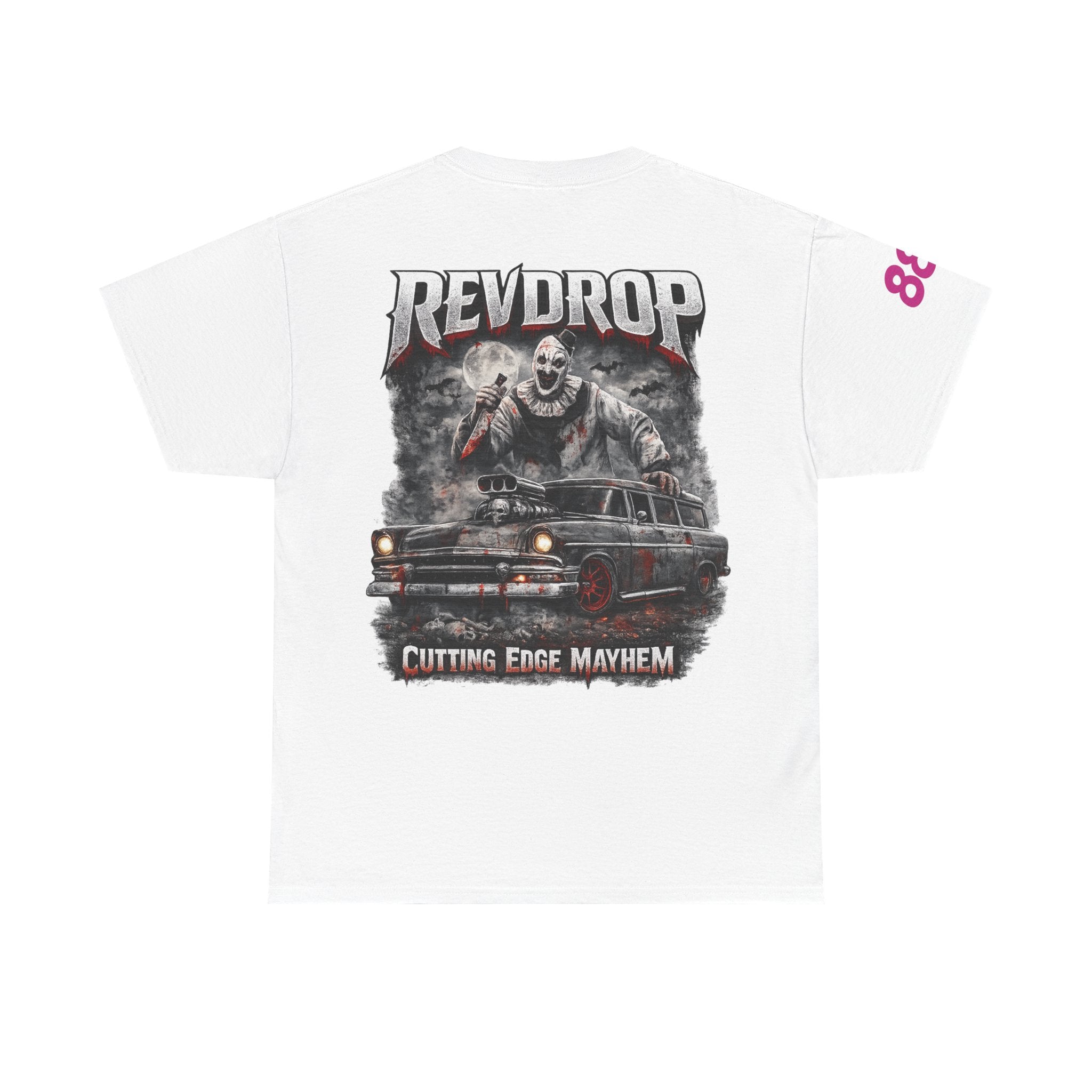 RevDrop “Cutting Edge Mayhem” Graphic Tee – Horror Clown & Muscle Car Streetwear T-Shirt