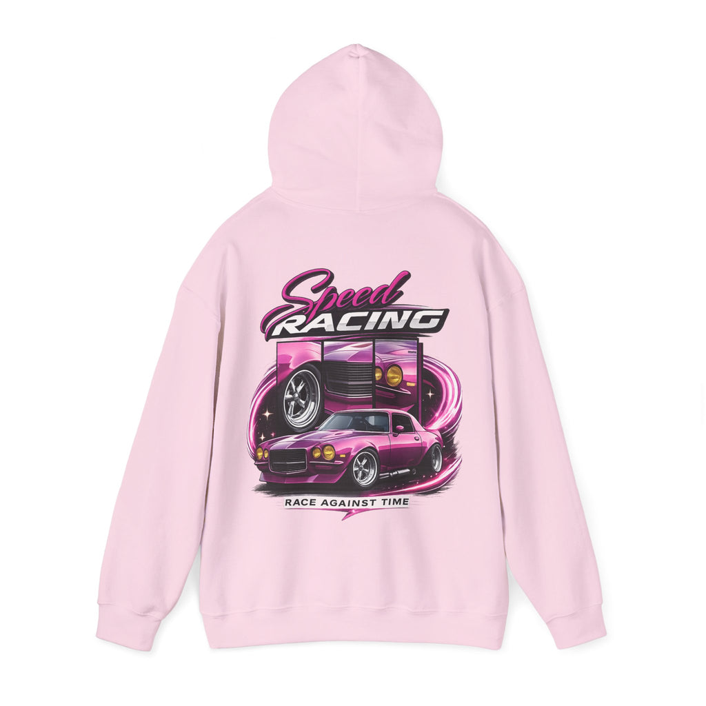 Racing Hoodie — "Speed Racing" Pink Muscle Car Graphic Pullover