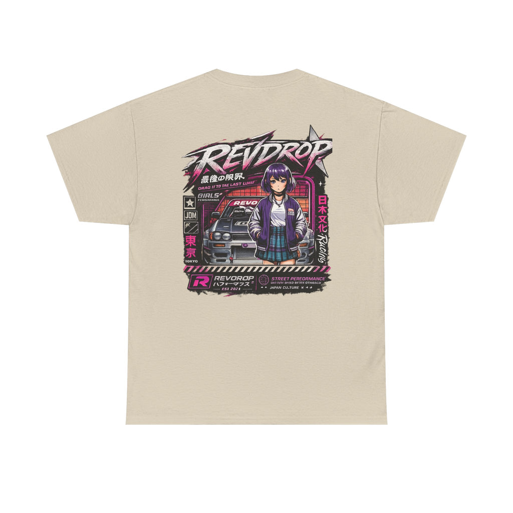 Retro Anime Racing Tee — "REVDROP" Cyberpunk Girl Graphic Shirt