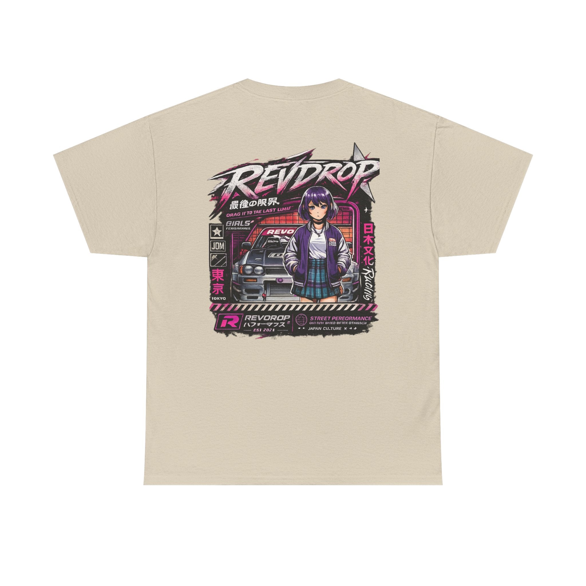 Retro Anime Racing Tee — "REVDROP" Cyberpunk Girl Graphic Shirt