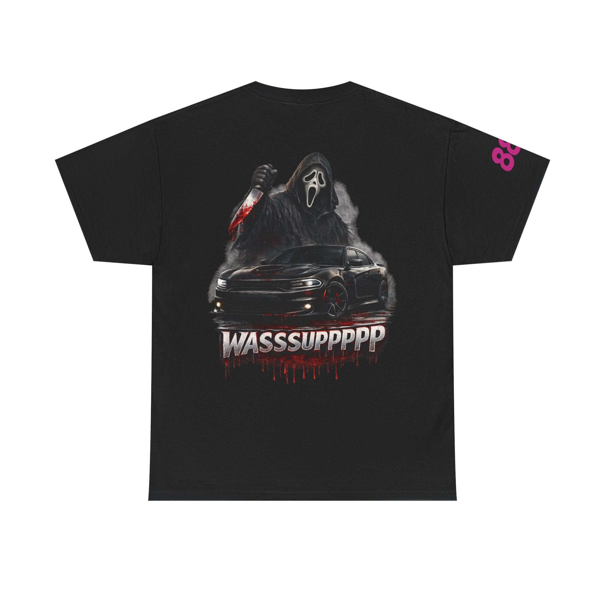 Graphic Tee — 'Wasssuppppp' Scream Mask Horror Car Design