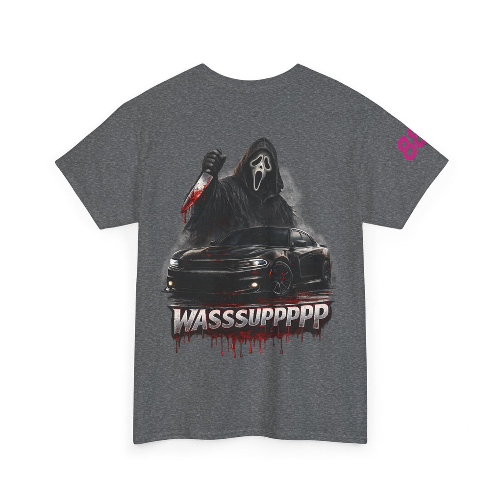 Graphic Tee — 'Wasssuppppp' Scream Mask Horror Car Design