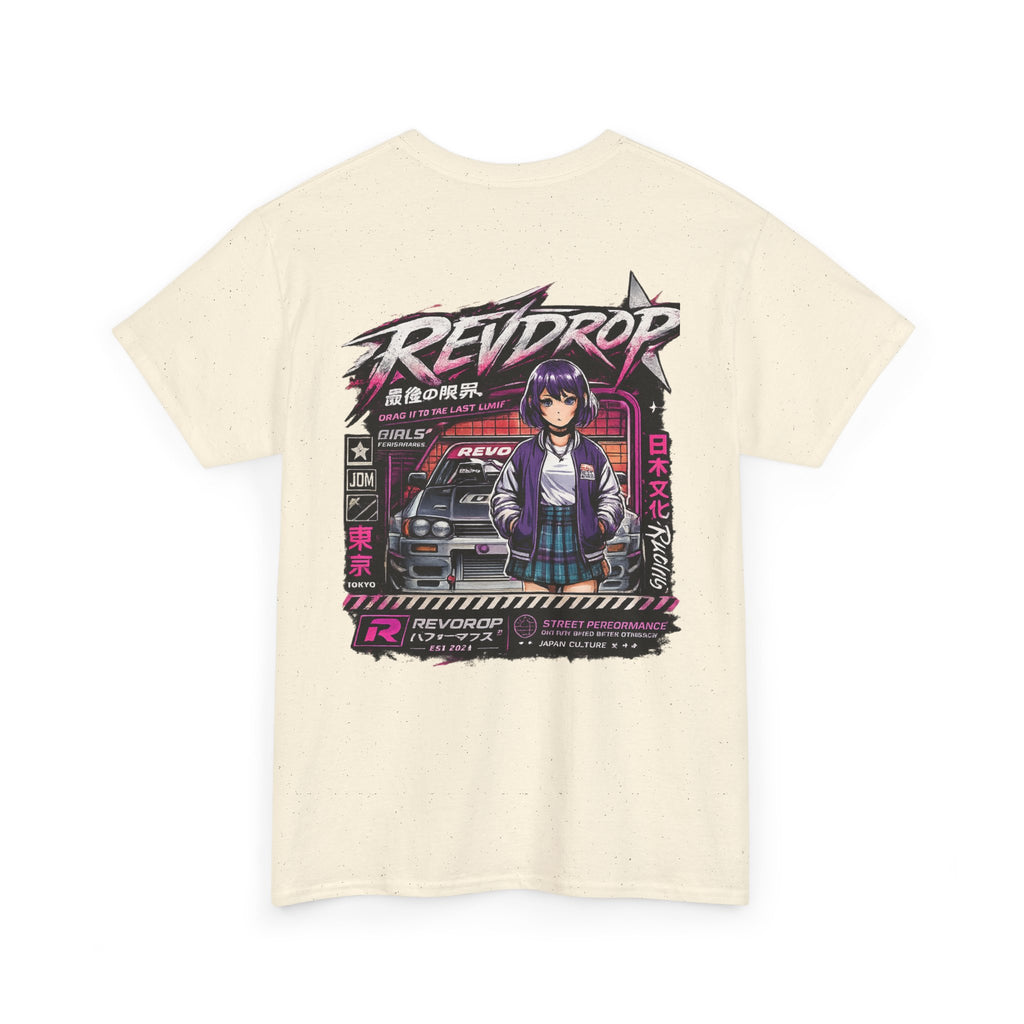 Retro Anime Racing Tee — "REVDROP" Cyberpunk Girl Graphic Shirt