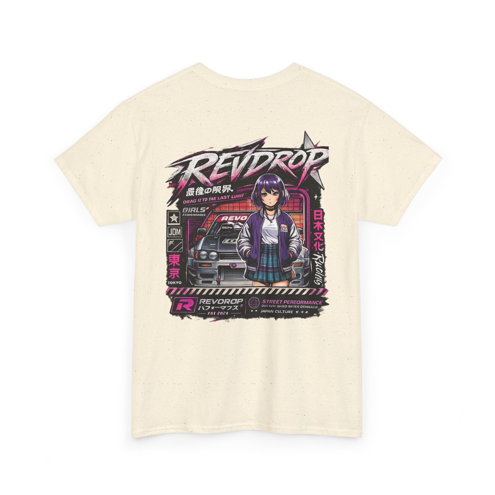 Retro Anime Racing Tee — "REVDROP" Cyberpunk Girl Graphic Shirt