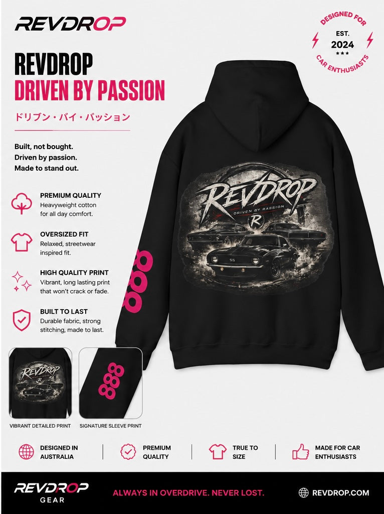 REVDROP Retro Racing Car Graphic Hoodie | Vintage Motorsport Streetwear Pullover