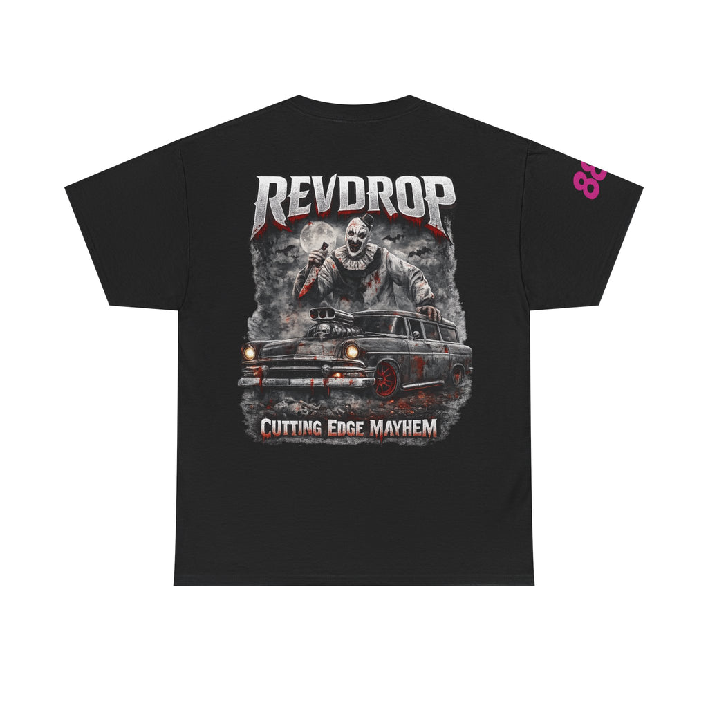 RevDrop “Cutting Edge Mayhem” Graphic Tee – Horror Clown & Muscle Car Streetwear T-Shirt