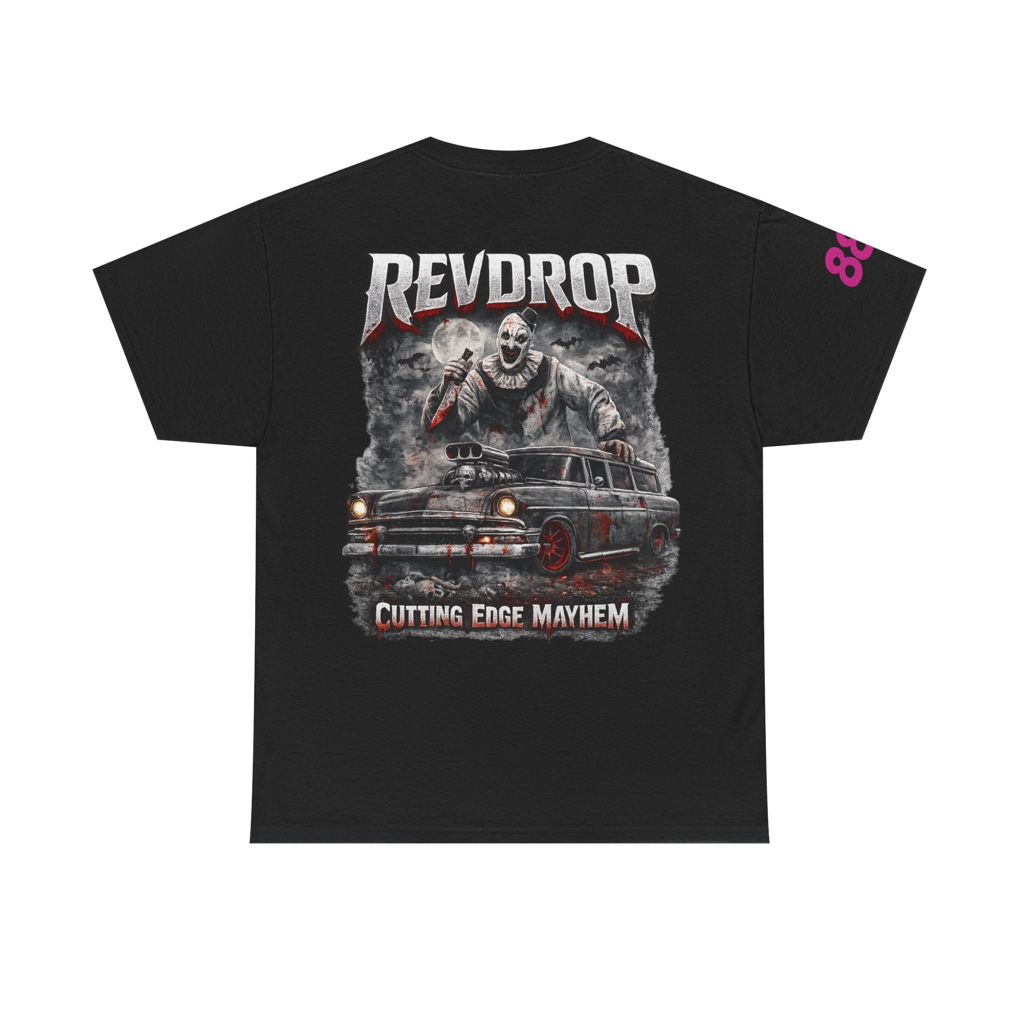 RevDrop “Cutting Edge Mayhem” Graphic Tee – Horror Clown & Muscle Car Streetwear T-Shirt
