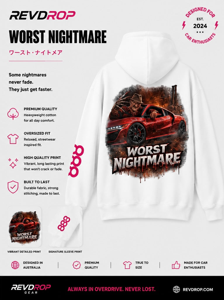 RevDrop “Worst Nightmare” Graphic Hoodie Horror Red Sports Car Streetwear Pullover