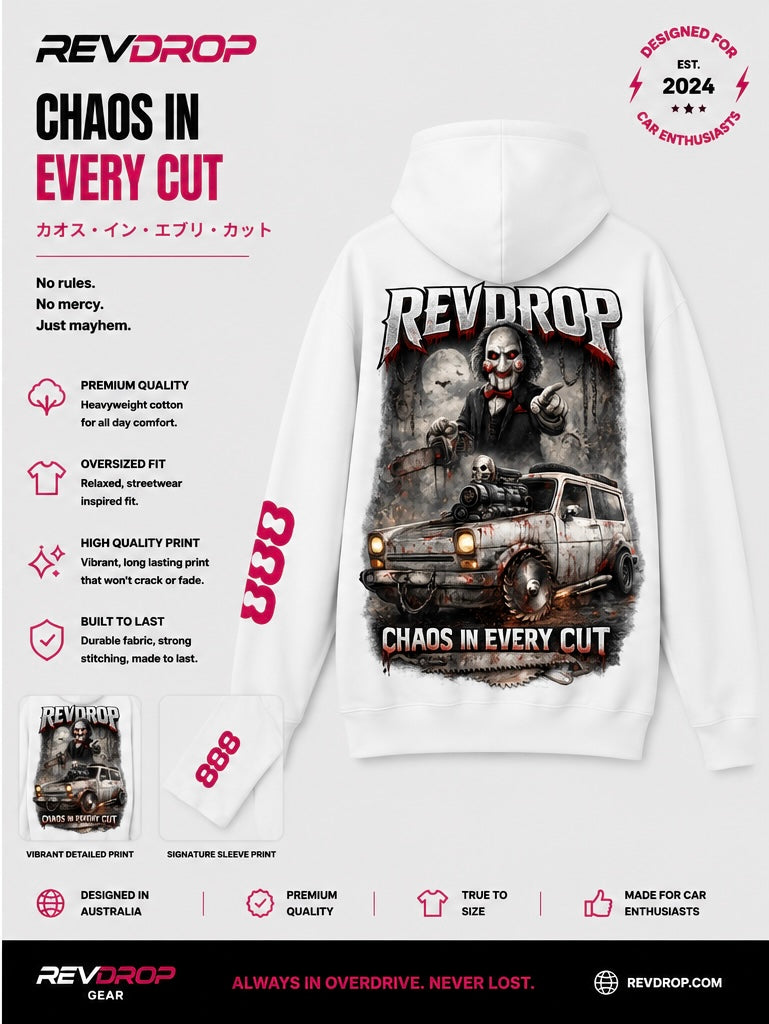 RevDrop “Chaos In Every Cut” Graphic Hoodie Horror Streetwear Pullover