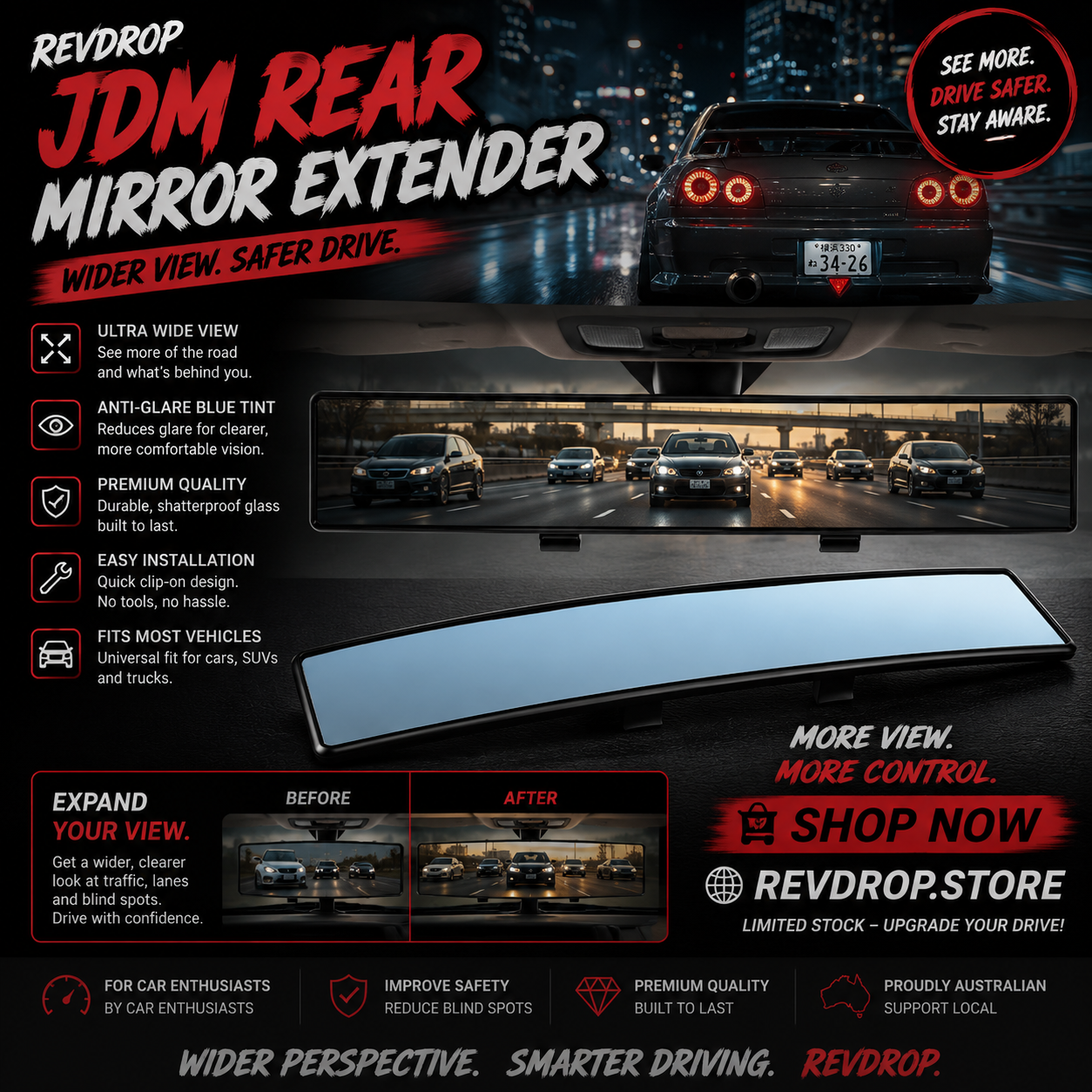 RevDrop™ Panoramic Rear View Mirror – Wide Angle Anti-Glare JDM Mirror Extender