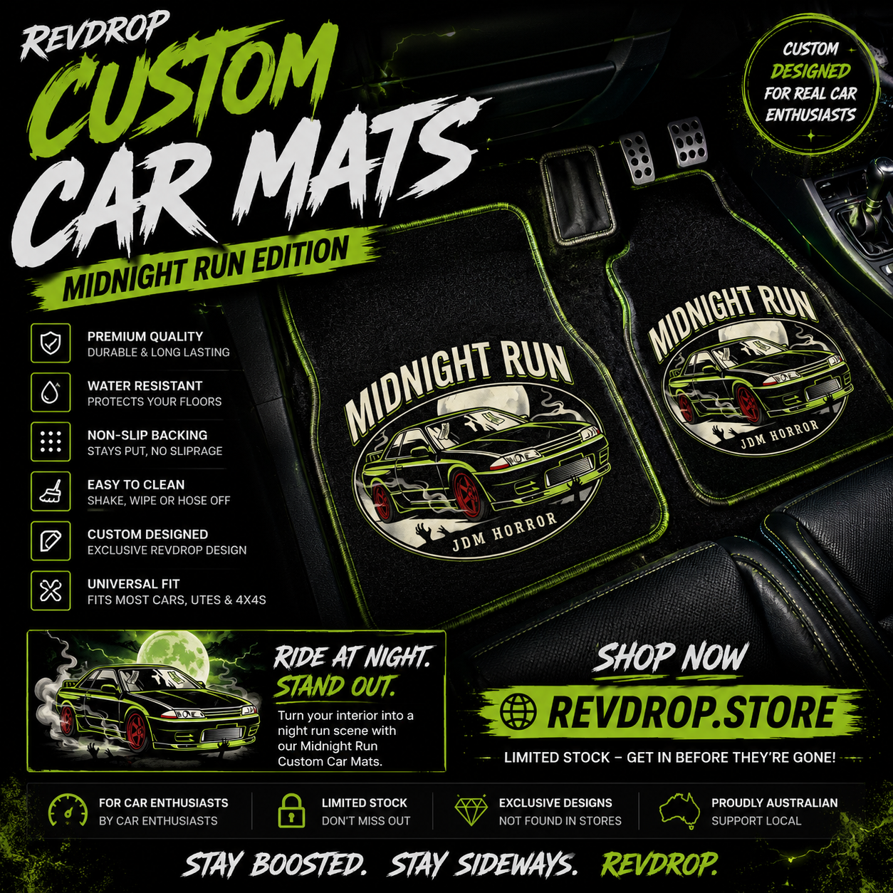 RevDrop™ Midnight Run Car Mats – JDM Horror Edition Front Floor Mat Set
