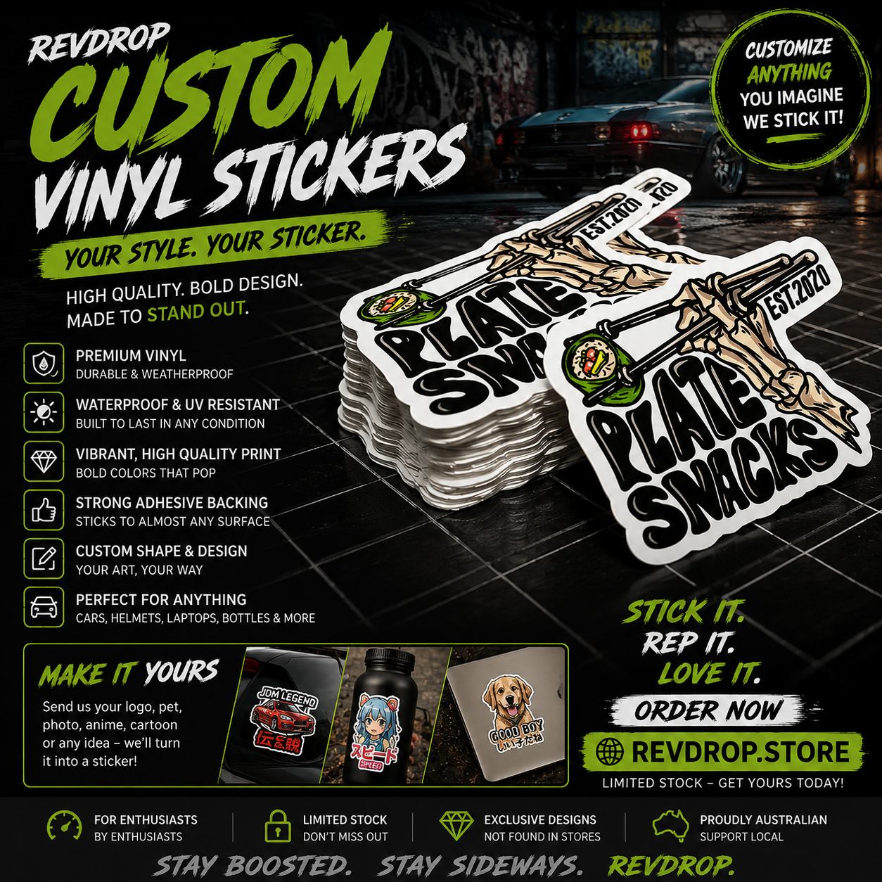 RevDrop™ Personalised Waterproof Vinyl Stickers – Custom Logo, Business, Laptop & Car Decals