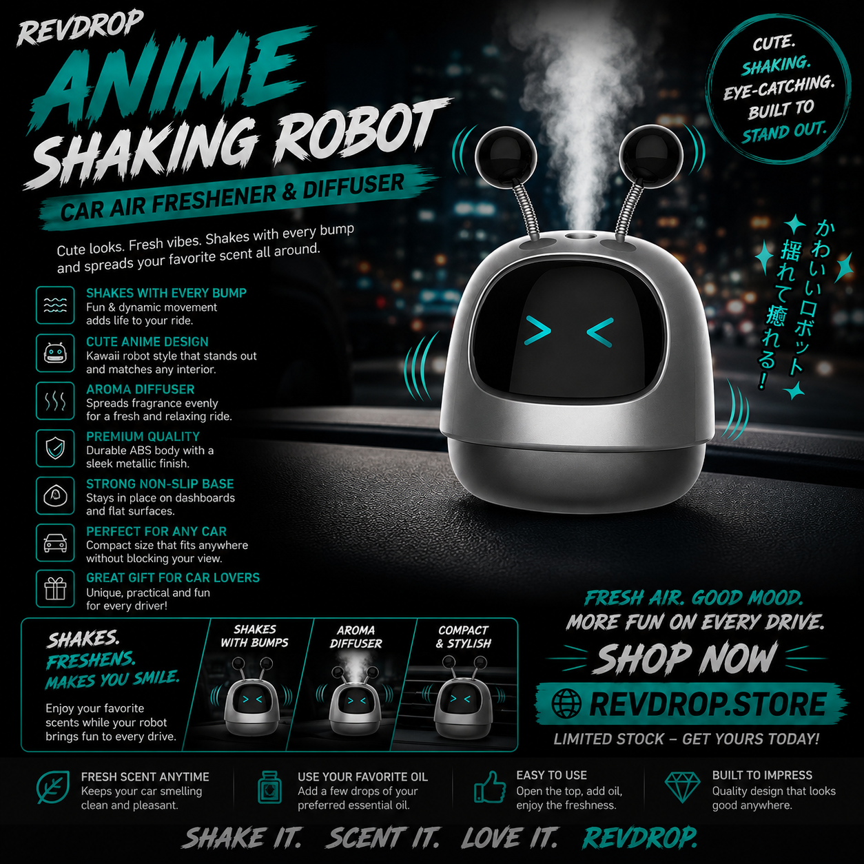 RevDrop™ Kawaii Anime Shaking Robot Car Diffuser – Cute Dashboard Air Freshener & Car Accessory