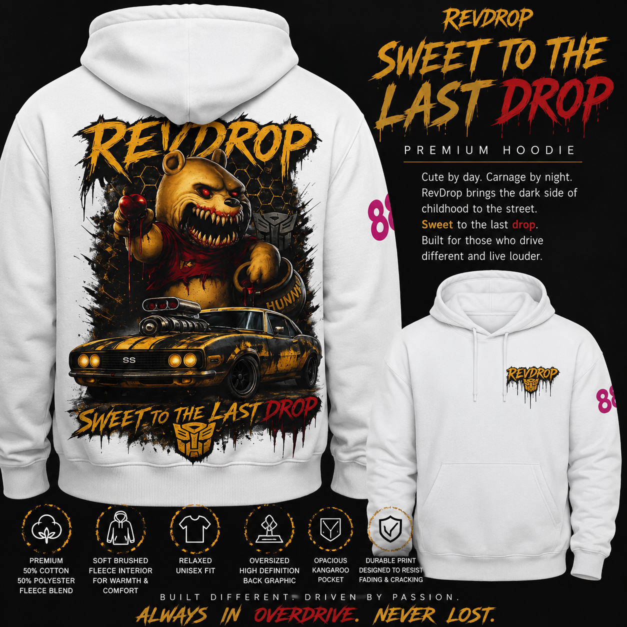 RevDrop “Sweet to the Last Drop” Graphic Hoodie Horror Bear Streetwear Pullover