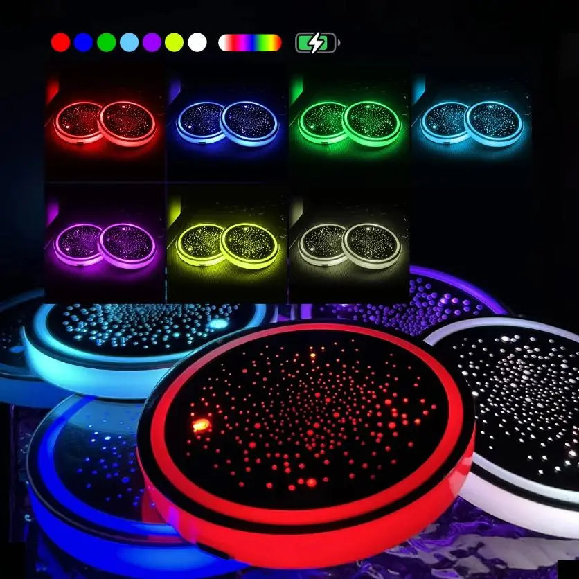 1PCS/2PCS/4PCS LED Cup Holder Lights for Car, Rechargeable 7 Color-Changing Light up Cup Holder Insert Coasters, Car Accessories for Teens