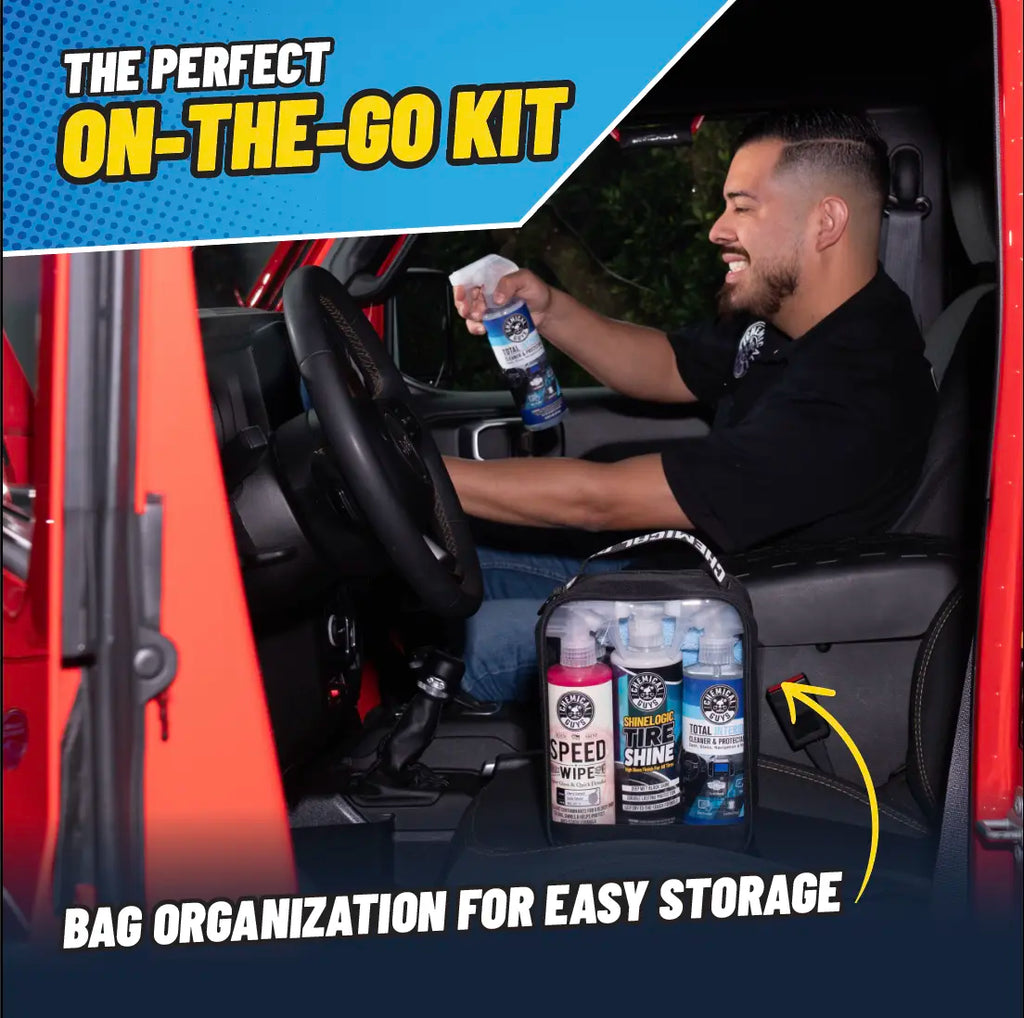 Chemical Guys Car Washing Kit - Automotive Accessories, Car Detailing Products with Speed Wipe Quick Detailer, Total Interior Cleaner, Streak-Free Glass Cleaner, Tire Shine, Trunk Organizer, Microfiber Towels, On-The-Go Storage Bag